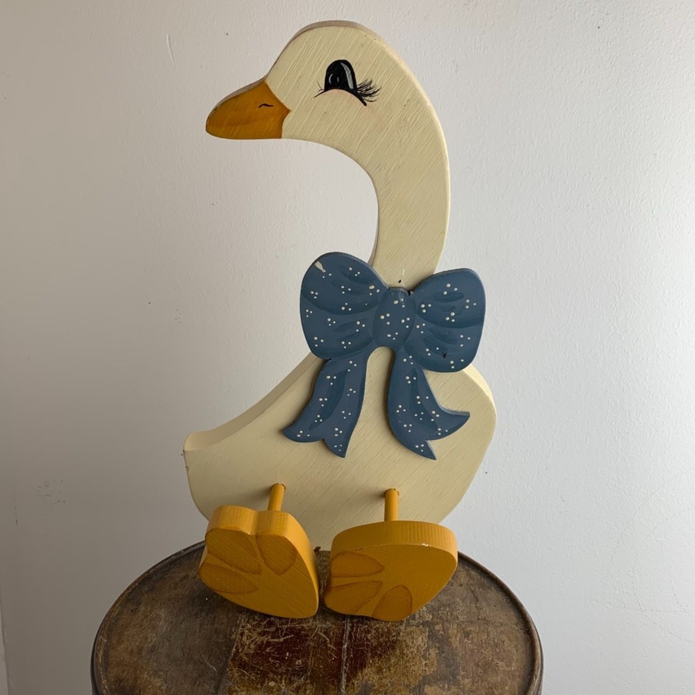 Vintage 1980s Wooden Hand Painted Sitting Apx. 14" White Duck Goose w/ Blue Bow